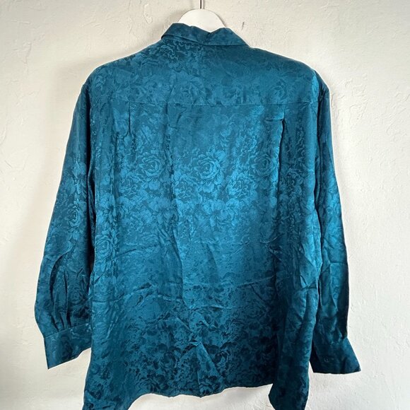 Christie & Jill Womens X-Large XL Teal Floral Jacquard Silk Button-Up Shirt New - Picture 2 of 7